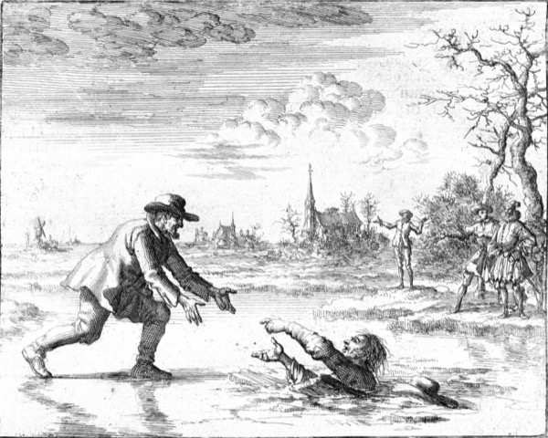 An etching of a man leaning down to reach another man who has fallen through broken ice. Several bystanders are in the background, as well as a church.